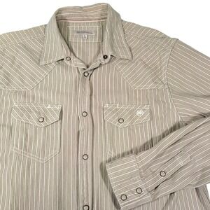 Blue Ranchwear L Tan Striped Western Pearl Snap Shirt Cowboy Americana Rustic